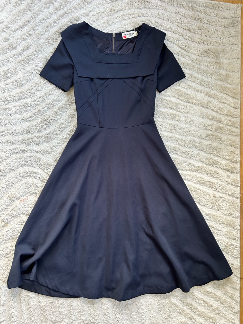 Bettie Page Navy Fit-and-Flare Dress with Square Collar